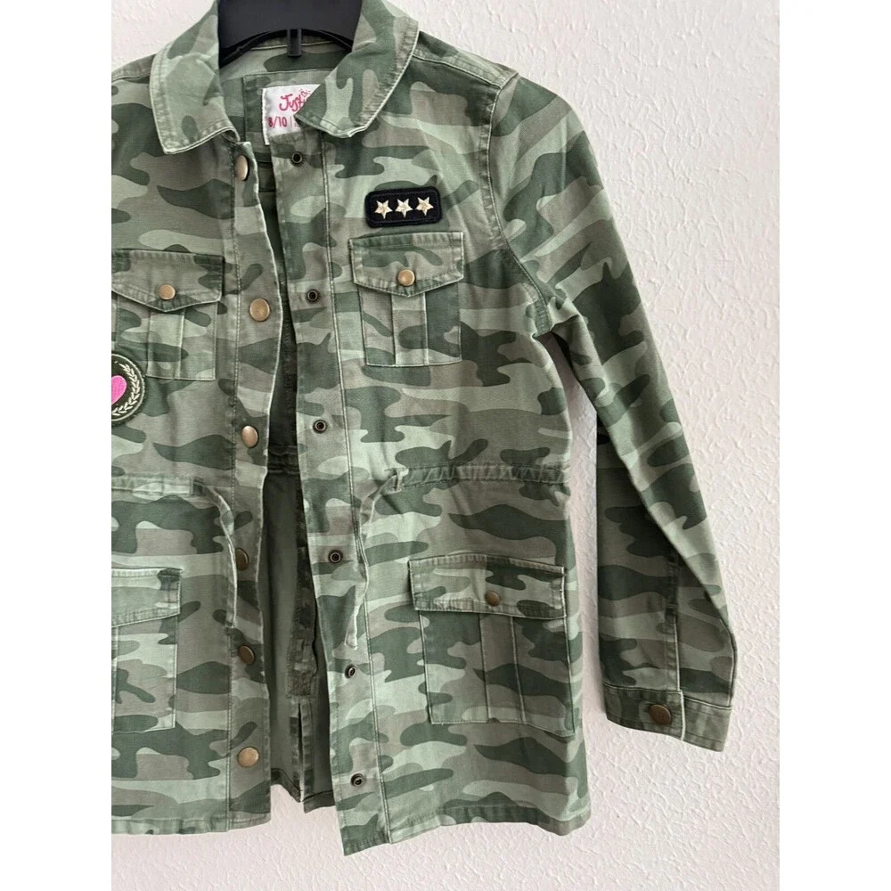Justice jacket Girls Camouflage Drawstring Waist Button Down Jacket Size 6/7